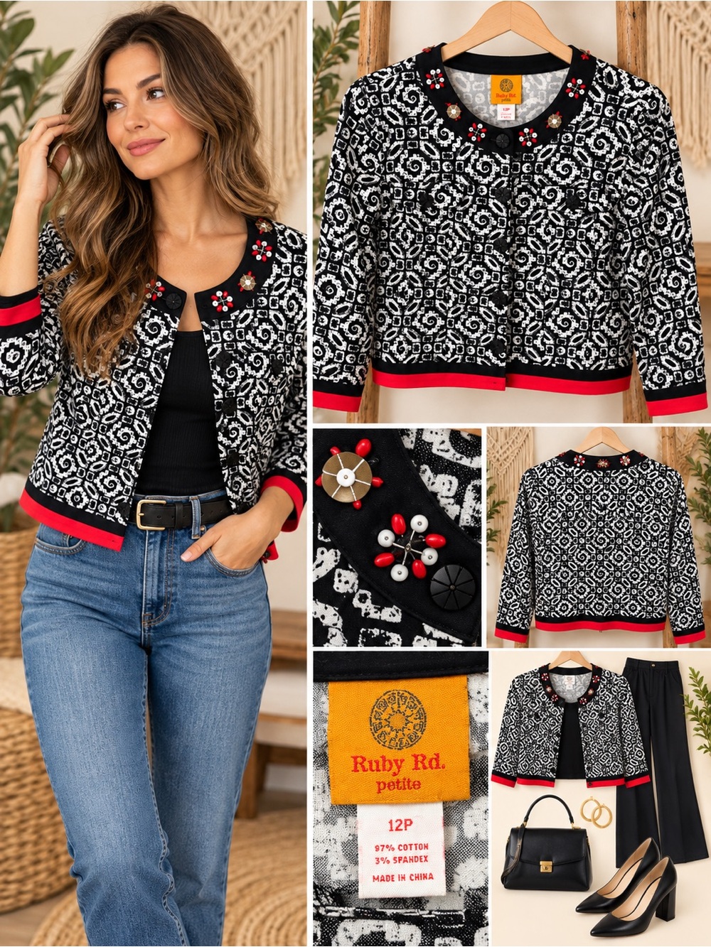 Ruby Rd. Black & White Patterned Cropped Jacket with Red Trim & Bead Accents 12p